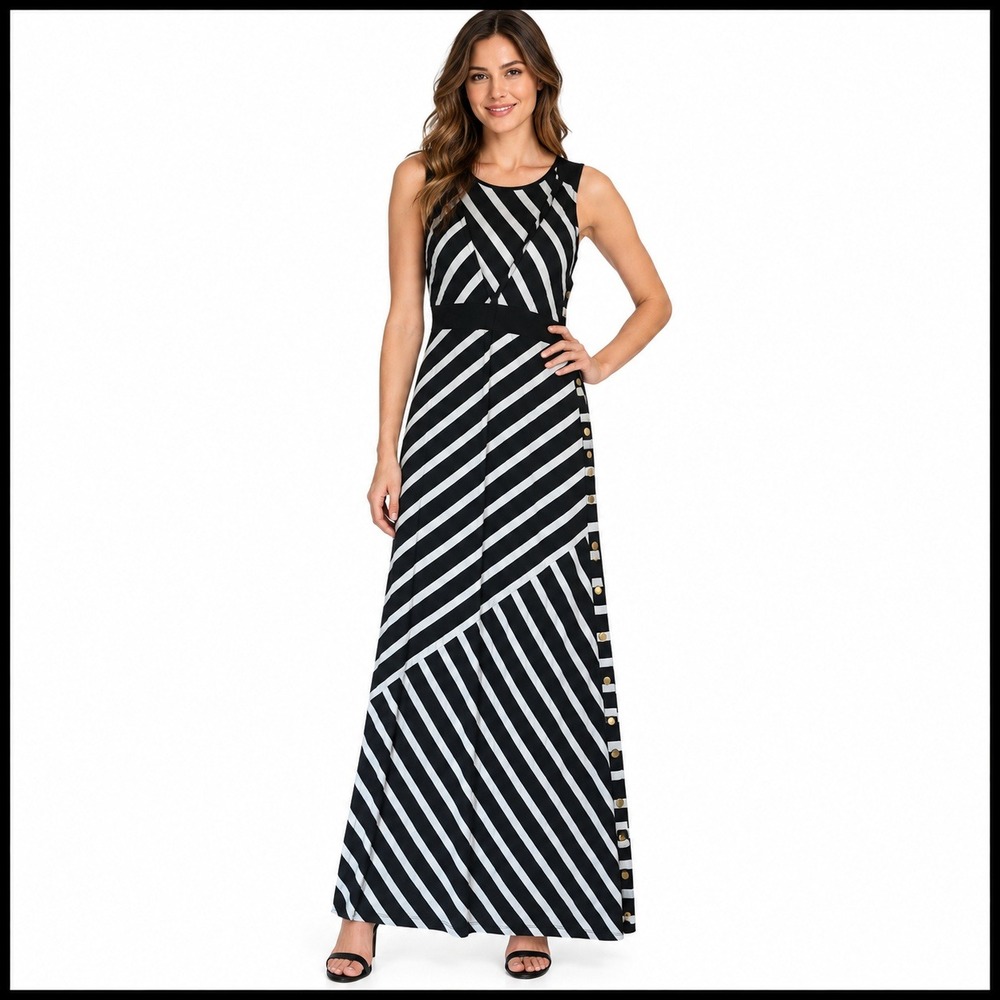 Charlotte Tarantola Maxi‎ Dress Striped Side Buttoned Slit Size M Medium